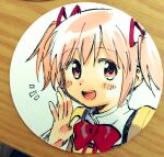  blush_stickers border bow bowtie collar collared_shirt commentary_request hair_ribbon hand_on_own_cheek hand_on_own_face high_collar highres juliet_sleeves kaname_madoka long_sleeves looking_at_viewer mahou_shoujo_madoka_magica mahou_shoujo_madoka_magica_(anime) mitakihara_school_uniform no+bi= notice_lines open_mouth palms photo_(medium) pink_eyes pink_hair puffy_sleeves red_bow red_bowtie red_ribbon ribbon round_border school_uniform shirt short_hair short_twintails simple_background smile teeth traditional_media twintails upper_teeth_only white_background white_collar yellow_shirt yellow_sleeves 