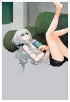  1girl bare_shoulders barefoot brown_eyes g11_(girls&#039;_frontline) girls&#039;_frontline grey_hair highres long_hair lying mush on_back parted_lips shorts solo wristband 