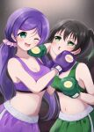  2girls black_hair blush boxing_gloves breasts catfight cleavage commentary_request face_punch gradient_hair green_eyes green_hair green_shorts green_sports_bra hair_between_eyes highres in-franchise_crossover in_the_face large_breasts long_hair looking_at_another love_live! love_live!_nijigasaki_high_school_idol_club love_live!_school_idol_project medium_breasts medium_hair midriff multicolored_hair multiple_girls navel one_eye_closed open_mouth punching purple_shorts purple_sports_bra ritaso shorts sidelocks sports_bra standing takasaki_yu tojo_nozomi twintails upper_body v-shaped_eyebrows 