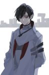  18_kawaki 1boy asimov_(punishing:_gray_raven) black_hair closed_mouth coat hair_between_eyes hands_in_pockets highres lab_coat punishing:_gray_raven red_eyes shirt short_hair solo white_coat white_shirt 