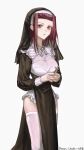  1girl absurdres alternate_costume bad_id bad_pixiv_id breasts brown_eyes cleavage cross expressionless grey_background habit hands_up highres holding holding_cross izayoi_aki jewelry lipstick long_sleeves looking_at_viewer makeup medium_hair naoki_(2rzmcaizerails6) neck_ribbon nun puffy_long_sleeves puffy_sleeves red_hair ribbon ring solo thighhighs upper_body white_thighhighs yu-gi-oh! yu-gi-oh!_5d&#039;s 