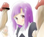  2boys caressing_testicles cross double_handjob hair_ornament hairpin handjob hetero kannagi multiple_boys multiple_penises penis purple_hair shibasaki smile solo_focus zange 