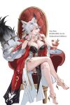  1girl absurdres aimu_(angry9565) animal_ear_fluff animal_ears arm_tattoo barefoot black_dress breasts chair chest_tattoo cleavage commentary crossed_legs dress food fox_ears fox_girl fox_tail hair_ornament hand_up highres hsin_(wuthering_waves) ice_cream large_breasts licking licking_finger licking_own_finger long_hair looking_at_viewer nail_polish on_chair orange_eyes paid_reward_available simple_background sitting smile solo sundae tail tattoo toenail_polish toenails toes white_background white_hair wuthering_waves 