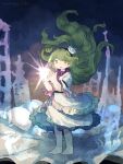  1girl barefoot black_hairband blonde_hair commentary_request dress floating_hair frilled_dress frilled_sleeves frills full_body gem glowing hair_ornament hairband long_hair long_sleeves open_mouth pearl retrochaossan shell shell_hair_ornament solo touhou very_long_hair watari_nina white_dress wide_sleeves yellow_eyes 