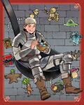  1boy armor boots border bowl breastplate brick_wall brown_boots brown_eyes dungeon_meshi eating food grey_hair holding holding_bowl holding_spoon kui_ryouko ladle laios_touden official_art outside_border pauldrons red_border short_hair shoulder_armor sitting solo_focus spoon 