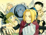 4girls 6+boys alphonse_elric amestris_military_uniform arakawa_hiromu armor artist_name bandana bandeau barbell_piercing bare_shoulders black_bandeau black_hair black_jacket blonde_hair blue_coat blue_eyes breasts cigarette closed_eyes coat company_name confetti creator_name ear_piercing edward_elric english_text envy_(fma) folded_ponytail fullmetal_alchemist gloves greed_(fma) green_bandana grin hair_over_one_eye industrial_piercing jacket jean_havoc lan_fan ling_yao living_armor long_hair looking_at_another looking_at_viewer medium_breasts midriff multiple_boys multiple_girls official_art olivier_mira_armstrong open_mouth outstretched_arm piercing plume ponytail riza_hawkeye roy_mustang smile smoke smoking spiked_armor spiked_helmet spikes upper_body white_gloves yellow_background 
