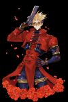  1boy black_background blonde_hair coat earrings flower gun hand_on_own_hip jewelry mole mole_under_eye multicolored_hair orange-tinted_eyewear prosthesis prosthetic_arm red_coat red_flower revolver round_eyewear rozaroza single_earring spiked_hair tinted_eyewear trigun trigun_maximum two-tone_hair vash_the_stampede weapon 