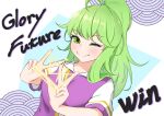  1girl 2026 ahoge alternate_costume commentary_request crown_(symbol) duel_monster dutch_angle english_text eyelashes green_eyes grey_hair highres jibako light_smile long_hair multicolored_shirt one_eye_closed ponytail purple_shirt seigaiha shirt short_sleeves solo upper_body winda_(yu-gi-oh!) yu-gi-oh! yu-gi-oh!_master_duel 