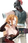  1boy 1girl absurdres aldebaran_(re:zero) amputee armpits bare_shoulders black_bridal_gauntlets braid braided_bangs breasts bridal_gauntlets choker cleavage detached_sleeves dress facing_another feather_trim green_vest hair_pulled_back helm helmet highres knight lace-trimmed_choker lace_trim large_breasts layered_dress long_hair looking_at_viewer orange_hair priscilla_barielle re:zero_kara_hajimeru_isekai_seikatsu red_dress red_eyes red_plume scabbard secondhand9280 sheath single_braid sleeveless undressing upper_body vest white_background 