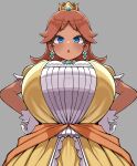  1girl alternate_breast_size_(larger) blue_eyes breasts brown_hair commentary_request crown dark-skinned_female dark_skin detritus dress earrings flower_earrings from_below gloves grey_background hands_on_own_hips highres huge_breasts jewelry looking_at_viewer mario_(series) open_mouth princess_daisy simple_background solo super_smash_bros. white_gloves yellow_dress 