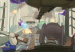  2girls aircraft banshee_(halo) battle blue_capelet blue_dress braid building cannon capelet city day dress dropship east-west_crossover elevated_highway elf explosion fire firing frieren from_behind ghost_(halo) grey_hair half_up_braid halo_(series) halo_2 highres highway holding holding_rocket_launcher holding_weapon hover_bike kanokoga lawine_(sousou_no_frieren) light_trail m41_spnkr military_vehicle motor_vehicle multiple_girls multishot_rocket_launcher outdoors phantom_(halo) pointy_ears pov riding robe rocket_launcher sangheili scene_reference science_fiction scorpion_(halo) shadow sign smoke sousou_no_frieren tank twintails waving weapon white_hair white_robe 