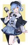  1girl :d asymmetrical_legwear bag bird_hat_ornament black_bag black_bow black_bowtie black_capelet black_hat black_pantyhose black_shoes blue_hair blue_necktie blue_skirt border bow bowtie braid braided_hair_rings capelet collared_shirt commentary_request contrast_collar deerstalker footwear_bow frilled_skirt frilled_socks frills furrowed_brow grey_vest hair_bow hair_rings hat hat_bow highres holding holding_magnifying_glass layered_skirt long_sleeves looking_at_viewer magnifying_glass mahou_shoujo_no_majo_saiban necktie open_mouth pantyhose plaid_clothes plaid_skirt roku_aya_fuyu shirt shoes short_hair simple_background single_leg_pantyhose skirt smile socks solo tachibana_sherry vest white_border white_bow white_shirt white_socks yellow_background yellow_eyes 