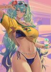  1girl alternate_breast_size_(larger) alternate_costume aqua_eyes aqua_hair arm_up armpits bangle bead_belt bead_necklace beads bikini bikini_tan bikini_top_under_shirt bikini_under_clothes blue_bikini blurry blurry_background bracelet brazilian_flag brazilian_flag_print brazilian_miku breasts cameltoe can collarbone commentary cosplay cover_bikini_girl_(gta_vi) cover_bikini_girl_(gta_vi)_(cosplay) cover_bikini_girl_(gta_vi)_(pose) crop_top crop_top_overhang cropped_shirt crossed_bangs depth_of_field diffraction_spikes double-parted_bangs earrings english_commentary eyewear_on_head fingernails flag_print flower glint gold_bangle gold_bracelet gold_earrings grand_theft_auto grand_theft_auto_vi green_nails groin guarana_antarctica hair_between_eyes hair_flower hair_intakes hair_ornament hatsune_miku hibiscus highleg highleg_bikini highres holding holding_can hoop_earrings jewelry large_breasts light_particles long_fingernails long_hair looking_at_viewer monochrome_background multicolored_nails nail_polish navel necklace off-shoulder_shirt off_shoulder outdoors parted_lips poolside red_flower see-through_clothes see-through_shirt shirt short_sleeves single_off_shoulder solo strap_gap string_bikini sunglasses swimsuit tanlines thick_thighs thighs twintails variant_set very_long_hair vitaminechan vocaloid wavy_hair wet white-framed_eyewear yellow_nails yellow_shirt 