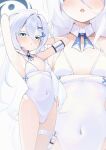  1girl absurdres arms_behind_head blue_archive blue_eyes blue_halo blue_ribbon breasts colored_eyelashes commentary detached_collar dolphin_hair_ornament gradient_eyes hair_ornament halo highleg highleg_one-piece_swimsuit highres long_hair long_single_sidelock looking_at_viewer multicolored_eyes multiple_views neck_ribbon one-piece_swimsuit orca_hair_ornament ribbon sayuri_(blue_archive) shok_(shovelkun) small_breasts swimsuit thigh_strap white_eyelashes white_hair white_one-piece_swimsuit x_hair_ornament 