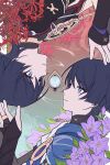  2boys absurdres anemo_symbol_(genshin_impact) armor black_bodysuit black_bridal_gauntlets black_kimono blue_cape blue_gem blue_sleeves blunt_ends bodysuit border bridal_gauntlets bright_pupils cape choppy_bangs closed_mouth commentary_request distortion dual_persona eyeliner fingernails flower flower_request gem genshin_impact gold gold_ring hand_on_another's_head hand_up highres japanese_armor japanese_clothes jewelry juban kimono kote kurokote layered_sleeves looking_at_another makeup mandarin_collar middle_ring mitsudomoe_(shape) multiple_boys neck_ring open_clothes open_kimono parted_lips pingfanhh purple_eyes purple_flower purple_rope red_eyeliner red_flower red_kimono ripples rope scaramouche_(genshin_impact) shimenawa short_sleeves side_cape sideways_mouth tomoe_(symbol) tsurime upside-down wanderer_(genshin_impact) white_border white_kimono white_mouth white_pupils white_rope white_sleeves white_trim 