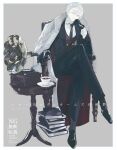  1boy absurdres arm_rest armchair black_gloves black_jacket black_necktie black_pants black_shoes black_suit book book_stack border brown_vest buttons call_of_cthulhu chair closed_mouth coat coat_on_shoulders collared_shirt colored_eyelashes commentary_request copyright_name crossed_legs cup curtained_hair double-breasted dress_shoes ebiril11 full_body gloves grey_background grey_socks hair_behind_ear hair_between_eyes half-closed_eyes head_rest highres jacket long_sleeves looking_at_viewer male_focus necktie open_clothes open_jacket outside_border pants parted_bangs phonograph red_coat red_eyes ribbed_socks round_table saucer sherlock_holmes_shoukougun shirt shoes simple_background smile socks solo suit suit_jacket suit_pants table tea teacup teaspoon two-sided_coat two-sided_fabric vest white_border white_coat white_eyelashes white_hair white_shirt 
