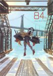  1girl absurdres arms_up asymmetrical_legwear birthday blonde_hair blue_sky bridge cannon commentary_request from_behind headgear highres iowa_(kancolle) kantai_collection lili_(egas4455) long_hair mismatched_legwear mismatched_thighhighs rigging skirt sky solo stretching striped_clothes striped_skirt striped_thighhighs thighhighs water 