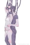  2girls black_hair black_pants black_shirt blush bound camisole camisole_lift closed_eyes clothes_lift commentary dated_commentary earrings hand_on_another's_neck hand_on_another's_waist highres jewelry leg_between_thighs leg_tattoo long_hair maybe_kizuna multiple_girls neck_tattoo original panties pants parted_lips ribbon ribbon_bondage shirt short_hair simple_background sweat tattoo underwear white_background white_camisole white_panties yuri 