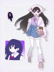  2girls 68ta bag black_eyes black_hair blue_shorts blush boots brown_boots closed_mouth collared_shirt colored_skin commentary double-parted_bangs dual_persona full_body hair_behind_ear hair_between_eyes handbag headscarf hero_(faraway)_(omori) hero_(omori) highres jacket leg_warmers long_hair long_sleeves looking_at_viewer mari_(birthday)_(omori) mari_(faraway)_(omori) mari_(headspace)_(omori) mari_(omori) multiple_girls neckerchief official_alternate_costume omori open_clothes open_jacket open_mouth purple_hair purple_shirt purple_sweater_vest red_neckerchief shirt shorts smile something_(omori) spoilers sweater_vest thighhighs white_background white_headscarf white_jacket white_leg_warmers white_shirt white_skin white_thighhighs 