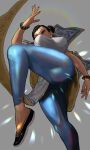  1girl 7lgr1ju19b34685 ass ass_peek black_shoes blocking blue_leggings bracelet breasts brown_eyes brown_hair chinese_clothes chun-li commentary_request double_bun dress earrings flats from_below hair_bun highres jewelry large_breasts leggings nail_polish pelvic_curtain pov qipao shoes solo street_fighter street_fighter_6 thick_thighs thighs 