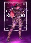  1girl absurdres ammunition_pouch belt black_background blonde_hair boots chainsaw_man combat_helmet english_text fyugins_png gloves gradient_background hammer helmet highres holding holding_hammer holding_weapon horns knee_pads long_hair military military_uniform pouch power_(chainsaw_man) propaganda purple_background russo-ukrainian_war solo standing wagner_group weapon yellow_eyes 