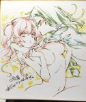  2girls absurdres arm_around_another's_back blush braid breasts cleavage collared_shirt commentary_request completely_nude couple eyelashes green_eyes green_hair green_necktie green_shirt hair_behind_ear hand_in_another's_hair hand_on_another's_shoulder hand_on_own_chest hands_up highres kamizuki_shiki large_breasts long_hair long_sleeves looking_at_another looking_at_viewer multiple_girls navel necktie nipples nude open_clothes open_mouth open_shirt orange_eyes original pink_hair shikishi shirt side_braid single_braid sleeves_rolled_up stomach thighs traditional_media translation_request twintails unbuttoned unbuttoned_shirt yuri 