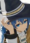  1girl absurdres adjusting_clothes adjusting_headwear black_hat blue_eyes blue_hair braid closed_mouth commentary crossed_bangs from_above hair_between_eyes hand_up hat highres large_hat long_hair long_sleeves looking_at_viewer mushoku_tensei roxy_migurdia solo witch_hat yurasa 