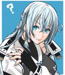  1girl absurdres blue_background blue_eyes closed_mouth coat commentary_request confused crossed_bangs double-parted_bangs eiyuu_densetsu fingerless_gloves gloves highres kuro_no_kiseki_(series) kuro_no_kiseki_i long_hair looking_at_viewer loose_clothes runrui_kaku shizuna_rem_misurugi solo white_coat white_hair 