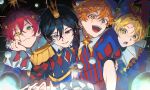 4boys absurdres akehoshi_subaru alternate_costume black_hair blonde_hair blue_eyes closed_mouth commentary crown ensemble_stars! green_eyes hair_between_eyes head_rest headband hidaka_hokuto highres isara_mao looking_at_viewer lower_teeth_only male_focus mini_crown multiple_boys open_mouth orange_hair puffy_short_sleeves puffy_sleeves recyclingtrees red_hair shirt short_hair short_sleeves smile striped_clothes striped_shirt teeth trickstar_(ensemble_stars!) two-tone_shirt upper_body upper_teeth_only vertical-striped_clothes yuuki_makoto_(ensemble_stars!) 