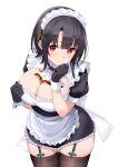  1girl absurdres alternate_costume apron black_gloves black_hair black_shirt black_thighhighs breasts cleavage commentary_request enmaided garter_straps gloves highres himura_moritaka kantai_collection large_breasts maid maid_headdress red_eyes shirt short_hair simple_background solo standing takao_(kancolle) thighhighs two-tone_shirt waist_apron white_apron white_background wrist_cuffs 