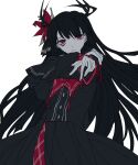  1girl armband black_capelet black_hair black_horns black_shirt black_skirt capelet closed_mouth commentary crown extra_ears extra_eyes flower gloves hair_flower hair_ornament highres horns kq94469 layered_skirt long_hair long_skirt long_sleeves looking_at_viewer mahou_shoujo_no_majo_saiban mini_crown necktie nikaido_hiro overskirt plaid_clothes plaid_skirt pleated_skirt red_armband red_eyes red_flower red_necktie red_skirt shirt side_capelet simple_background skirt solo spoilers untranslatable_commentary upper_body white_background white_gloves white_shirt witch_(manosaba) 