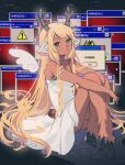  1girl akitsuki_(oenothera) angel_wings animal_ears antlers black_eyes blonde_hair chii chii_(cosplay) chobits cosplay deer_antlers deer_ears deer_girl deer_tail deltarune freckles frilled_hair_tubes frills furry furry_female hair_tubes highres hooves horns long_hair low-tied_sidelocks mechanical_antlers noelle_holiday reindeer_girl robot_ears sidelocks sign solo tail utdr_(toby_fox) very_long_hair warning_sign window_(computing) wings 