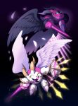  armor black_background black_wings commentary_request dual_persona feathers galacta_knight glowing glowing_eyes green_eyes holding holding_polearm holding_shield holding_weapon horns kirby_(series) lance no_humans pauldrons polearm shield shoulder_armor super_kirby_clash weapon white_wings wings yh_limbow 