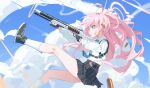  1girl absurdres ahoge beretta_1301 black_skirt blue_archive blue_eyes blue_necktie chest_harness chinese_commentary commentary_request fanshuimucishen fingerless_gloves firing from_side gloves gun halo harness heterochromia highres hoshino_(blue_archive) long_hair long_sleeves necktie pink_hair pink_halo shell_casing shirt shotgun skirt solo weapon white_shirt yellow_eyes 