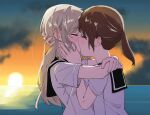  2girls ano_koro_no_aoi_hoshi arms_around_neck black_sailor_collar blonde_hair brown_hair closed_eyes cloud commentary dusk highres horizon kiss koumoto_umi long_hair multiple_girls outdoors ponytail rs20210604 sailor_collar school_uniform segawa_shou serafuku shirt sunset white_shirt yuri 