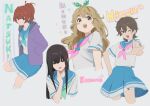  4girls alternate_hairstyle bangs black_hair blonde_hair blue_neckerchief blue_sailor_collar blue_skirt blush bow brown_eyes brown_hair character_name closed_mouth expressionless gekijouban_hibike!_euphonium green_bow green_eyes green_neckerchief hair_bow hand_on_hip hand_up hands_in_pockets hibike!_euphonium hisaishi_kanade hood hoodie kamo_kamen katou_hazuki kawashima_sapphire kitauji_high_school_uniform long_hair long_sleeves looking_at_viewer multiple_girls nakagawa_natsuki neckerchief one_eye_closed open_mouth outstretched_arm pink_eyes pink_neckerchief pleated_skirt polka_dot ponytail purple_eyes purple_hoodie red_bow sailor_collar school_uniform serafuku shirt short_hair short_sleeves sitting skirt smile standing v white_shirt 