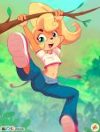  4_fingers accidental_exposure activision anthro bandicoot blonde_hair blurred_background branch breasts clothing coco_bandicoot crash_bandicoot_(series) crop_top cute_fangs female fingers footwear forest forest_background furboz green_eyes hair hi_res kick long_hair looking_at_viewer loose_strap mammal marsupial midriff nature nature_background navel open_mouth open_smile overalls plant ponytail shirt shoes signature slim small_breasts smile snaggle_tooth solo straps swinging t-shirt tongue topwear tree under_boob video_games wardrobe_malfunction young 