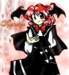  1girl bad_anatomy bad_hands bat_wings black_dress bow character_name dress koakuma long_skirt long_sleeves looking_at_viewer red_eyes red_hair self-upload shirt short_hair skirt snowbrand solo source_request touhou white_shirt wings 