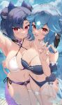  2girls :d absurdres bao_the_whale bao_the_whale_(spring) beach bikini blue_bikini blue_hair blue_tail breasts cetacean_tail cleavage closed_mouth commentary constellation dragon_girl dragon_horns dragon_tail fins fire fish_tail flame-tipped_tail grey_horns highres horns indie_virtual_youtuber large_breasts looking_at_viewer lost-phews multicolored_bikini multicolored_hair multiple_girls multiple_horns navel open_mouth outdoors purple_bikini purple_streaks purple_tail red_eyes short_hair smile standing starry_hair streaked_hair swimsuit tail thighs two-tone_bikini v vienna_(3rd_costume)_(vtuber) vienna_(vtuber) virtual_youtuber water whale_girl white_bikini 