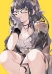  1girl bare_shoulders between_legs black-framed_eyewear black_choker black_gloves black_hair black_jacket blue_eyes bracelet breasts choker cleavage closed_mouth commentary_request earclip eyewear_on_head feet_out_of_frame glasses gloves granblue_fantasy grey_gloves hair_ornament hairband hand_between_legs hand_on_own_cheek hand_on_own_face illnott jacket jewelry lips looking_at_viewer medium_breasts necklace raised_eyebrows sakuragi_kei shirt simple_background single_glove solo squatting strap strapless strapless_shirt thigh_strap white_shirt yellow_background 