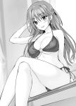  1girl :d bare_shoulders bikini boku_no_kanojo_sensei breasts cameltoe cleavage collarbone commentary_request crossed_legs earrings fujiki_maka greyscale hair_between_eyes halterneck hand_in_own_hair jewelry large_breasts long_hair looking_at_viewer monochrome novel_illustration o-ring o-ring_bikini official_art open_mouth oryo_(oryo04) second-party_source side-tie_bikini_bottom sitting smile solo string_bikini swimsuit thighs underboob very_long_hair 