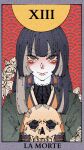  1girl black_hair card_(medium) colored_sclera commentary death_(tarot) grey_hair highres hololive hololive_dev_is juufuutei_raden juufuutei_raden_(new_year) long_hair multicolored_eyes multicolored_hair obi sash skull smile solo tarot tarot_(medium) two-tone_hair untranslatable_commentary virtual_youtuber yellow_sclera yuzuhito_(kwazukin) 