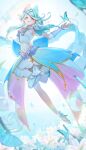  2girls absurdres aiai_(mtkw2488) blue_bow blue_bowtie blue_butterfly blue_hair blue_hat blue_ribbon blue_shoes blue_skirt blue_tube_top boater_hat bow bow_earrings bowtie bridal_gauntlets brooch bug butterfly butterfly_hat_ornament commentary_request cure_eclair diamond_earrings earrings flat_chest full_body gradient_hair green_hair hand_up hat hat_ornament hat_ribbon heart heart_brooch highres howa_kurea jewelry long_hair looking_at_viewer magical_girl meitantei_precure! midriff multicolored_hair multiple_girls navel open_mouth overskirt precure purple_bridal_gauntlets red_eyes ribbon shoes single_thighhigh skirt smile strapless thighhighs tube_top two-tone_hair very_long_hair white_thighhighs 