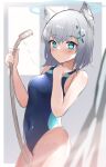  1girl animal_ear_fluff animal_ears bangs bare_arms bare_shoulders blue_archive blue_eyes blue_swimsuit blurry blurry_background blush breasts closed_mouth commentary_request covered_navel depth_of_field grey_hair hair_between_eyes hair_ornament halo hands_up highres holding looking_at_viewer nohohon_neko one-piece_swimsuit shiroko_(blue_archive) shiroko_(swimsuit)_(blue_archive) shower_head small_breasts solo swimsuit 