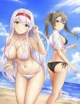  2girls ass beach bikini black_bikini blue_sky breasts cleavage closed_mouth cloud collarbone dark_green_hair front-tie_bikini front-tie_top hairband kantai_collection large_breasts long_hair looking_at_viewer multiple_girls ocean parted_lips pointing red_hairband shirt shoukaku_(kancolle) side-tie_bikini sky small_breasts smile sunlight swimsuit tied_shirt twintails white_bikini white_hair white_shirt zuikaku_(kancolle) zuikillme 
