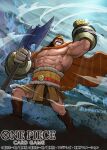 1boy abs arm_up axe beard black_hair boots brown_hair cape clenched_teeth commentary_request copyright_name facial_hair hajrudin helmet holding holding_axe long_hair male_focus moopic official_art one_piece one_piece_card_game orange_cape solo teeth 