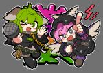  2girls :d alternate_costume animal_ears black_boots black_dress black_hat blush boots brown_boots chain chain_leash chibi chibi_only choujuu_gigaku cleats collar commentary_request dog_ears dog_girl dog_tail dress fang feathered_wings floppy_ears full_body green_eyes green_hair grey_eyes grey_wings hat holding holding_microphone index_finger_raised kasodani_kyouko leash looking_at_viewer microphone multiple_girls mystia_lorelei one_eye_closed open_mouth pink_hair short_hair smile spiked_collar spikes tail touhou uisu_(noguchipint) wings 