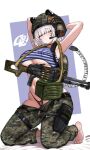  1girl ammunition_belt animal_ears armpits arms_behind_head arms_up backpack bag barefoot black_panties blush breasts camouflage camouflage_pants chinstrap closed_mouth clothes_pull combat_helmet crop_top ears_through_headwear facial_mark feet fsb full_body grey_eyes gun headset helmet highleg highleg_panties highres holster kneeling large_breasts light_machine_gun looking_at_viewer machine_gun navel open_fly open_pants original panties pants pants_pull pk_machine_gun pouch rifle russian_flag shirt short_hair skindentation solo striped_clothes striped_shirt striped_tail tail tiger_ears tiger_tail toes underboob underwear weapon whisker_markings white_eyes white_hair wkorspol z_(russian_symbol) zipper 