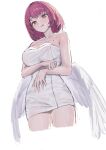  1girl :p breasts commentary cropped_legs feathered_wings large_breasts looking_at_viewer medium_hair mole mole_on_breast naked_towel pink_hair pointy_ears purple_eyes remielle_dan simple_background solo tiredowl123 tongue tongue_out towel wet white_background white_wings wings zenless_zone_zero 