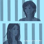  2girls blue_background chinese_commentary commentary_request copyright_name english_text fragrance_of_the_first_flower greyscale_with_colored_background highres long_hair looking_at_another maybe_kizuna medium_hair multiple_girls parted_lips sweater tears ting_ting_(fragrance_of_the_first_flower) turtleneck turtleneck_sweater yi_ming_(fragrance_of_the_first_flower) 